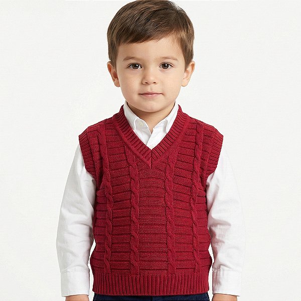 Colete de Trançado Tricô Kids Canelado Vermelho