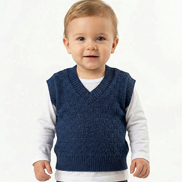 Colete de Quadriculado Tricô Kids Trabalhado Azul Mescla