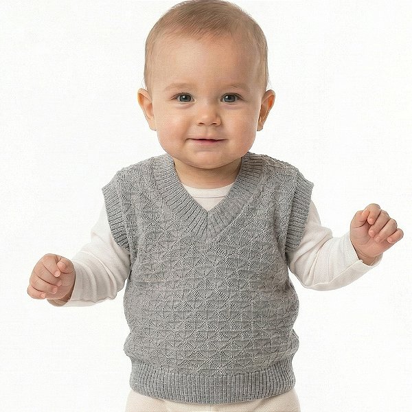 Colete de Quadriculado Tricô Kids Trabalhado Cinza Claro