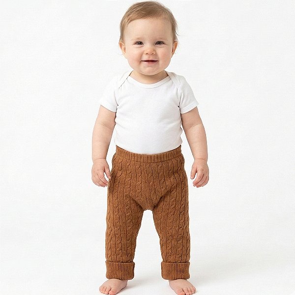 Calça Trançada Tricô Kids Bebê Caramelo Frontal