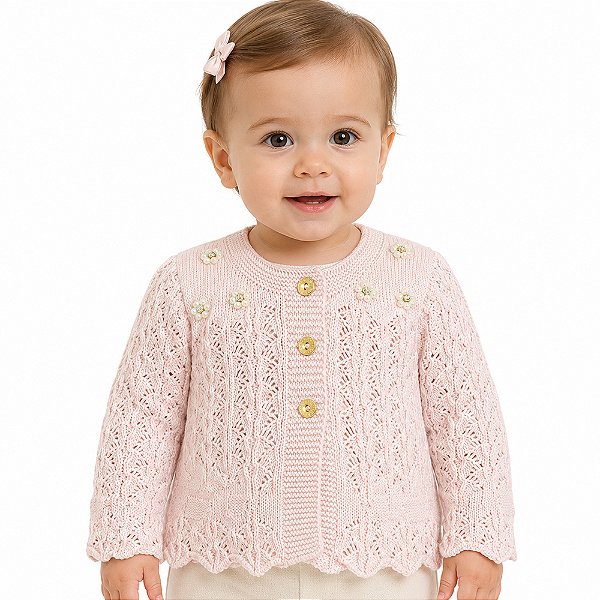 Casaco Ponto Bico Tricô Kids Trabalhado Rosa Claro