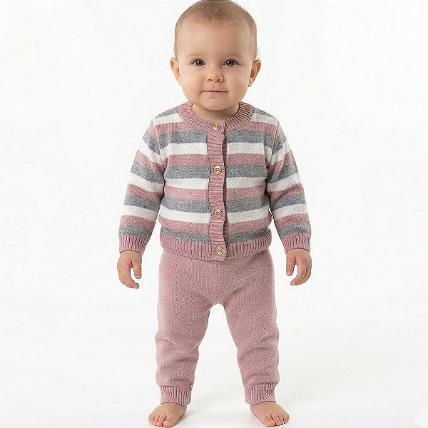 Conjunto Casaco e Calça Tricô Kids Listrado Rose