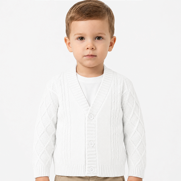 Casaco de Losango Tricô Kids Trança Canelado Branco