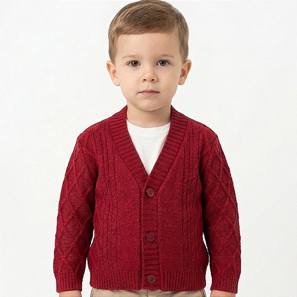 Casaco de Losango Tricô Kids Trança Canelado Vermelho