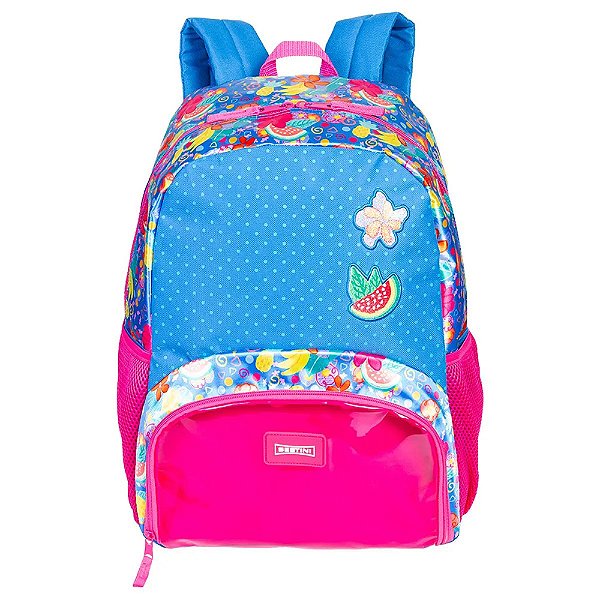Mochila de Costas Sestini M Plus Floral Azul e Rosa