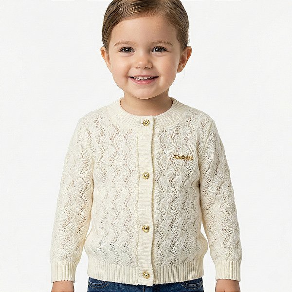 Casaco Trabalhado Tricô Kids Textura Folha Off White Pérola
