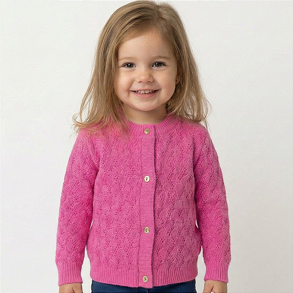 Casaco Trabalhado Tricô Kids Textura Folha Rosa Neon