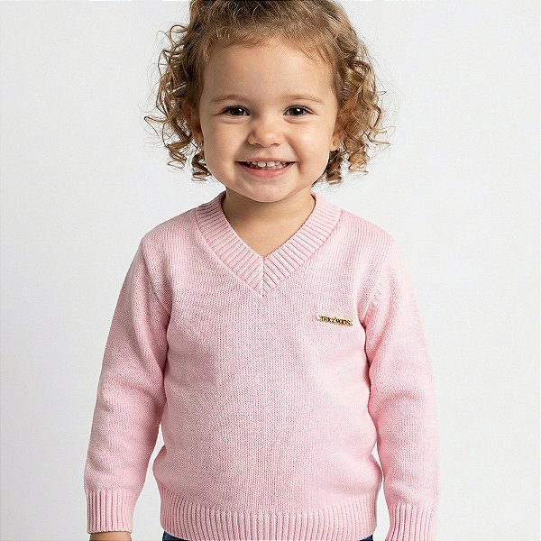 Blusa Lisa Tricô Kids Decote V Rosa Claro