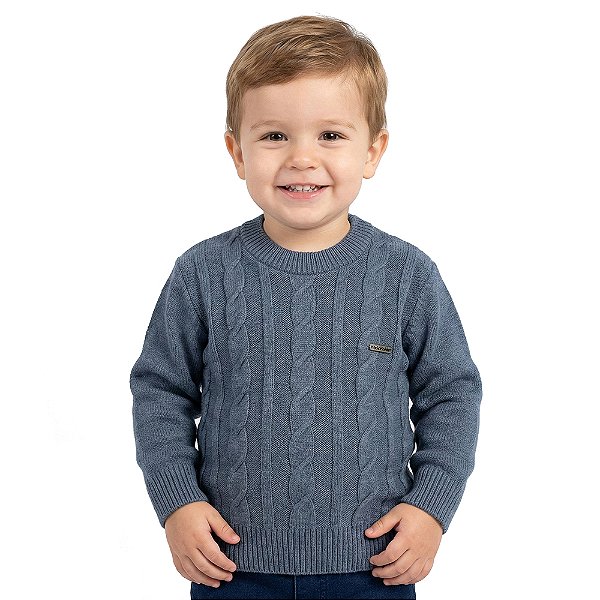 Blusa Trançada Tricô Kids Decote Redondo Azul Petroléo