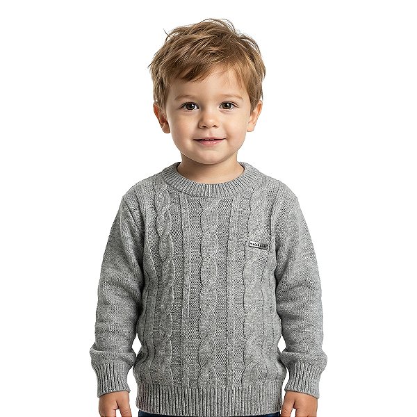 Blusa Trançada Tricô Kids Decote Redondo Cinza Claro