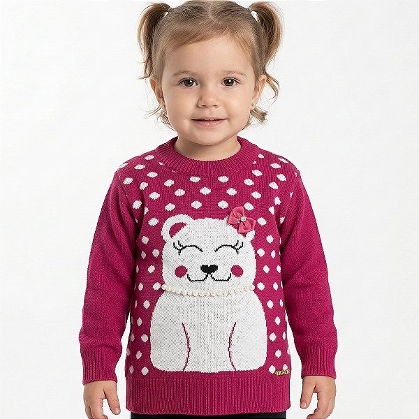Blusa Ursinho Tricô Kids Divertida Pink