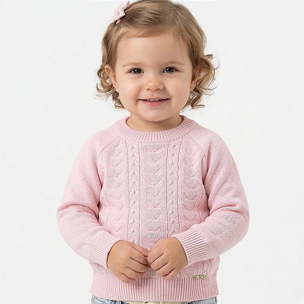 Blusa Coração e Tranças Tricô Kids Raglan Rosa Claro