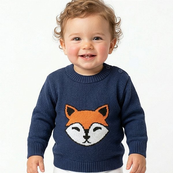 Blusa de Raposa Tricô Kids Azul Marinho