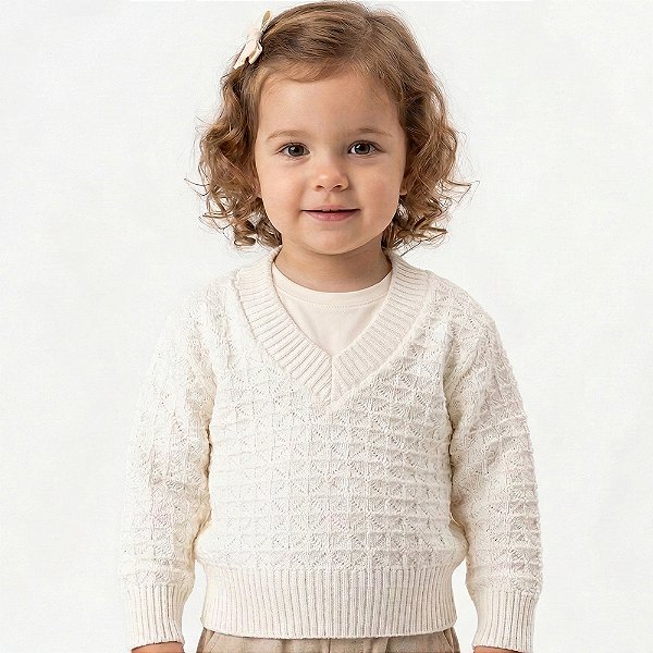 Blusa Trabalhada Tricô Kids Decote V Branco