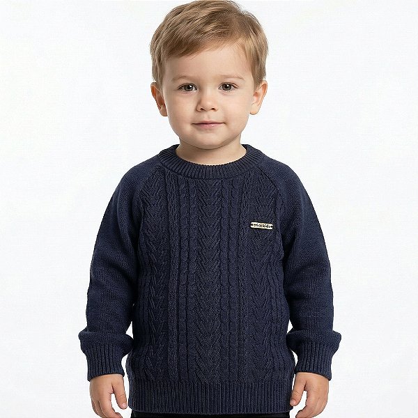 Blusa Trabalhada Tricô Kids Manga Raglan Azul Marinho