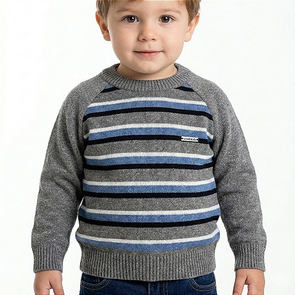 Blusa Listrada Tricô Kids Manga Raglan Cinza Escuro