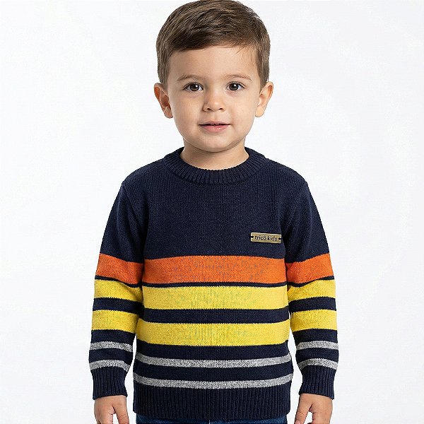 Blusa Listrada Tricô Kids Decote Redondo Azul Marinho