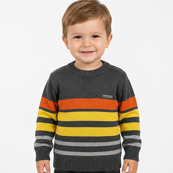 Blusa Listrada Tricô Kids Decote Redondo Cinza Mescla Escuro