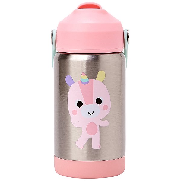 Copo Térmico Buba Parede Dupla Com Canudo Zoo Unicórnio Rosa