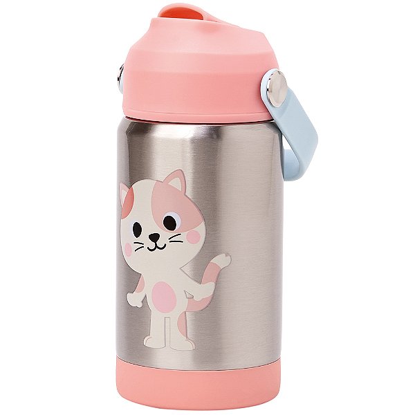 Copo Térmico Buba Parede Dupla Com Canudo Zoo Gato Rosa