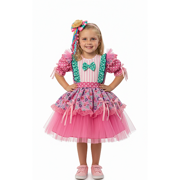 Vestido Junino Bambolê Floral Com Tule Laços Rosa
