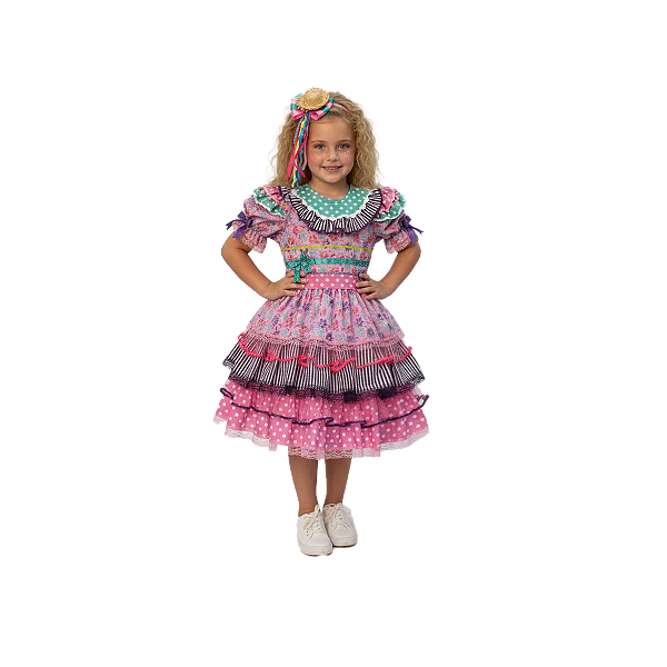 Vestido Junino Bambolê Floral Com Babados Rosa