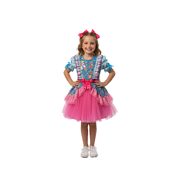 Vestido Junino Bambolê Floral Tule Com Calção Azul Rosa