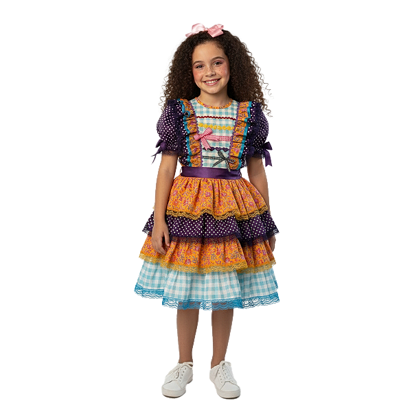 Vestido Junino Bambolê Floral Com Calção Amarelo e Roxo