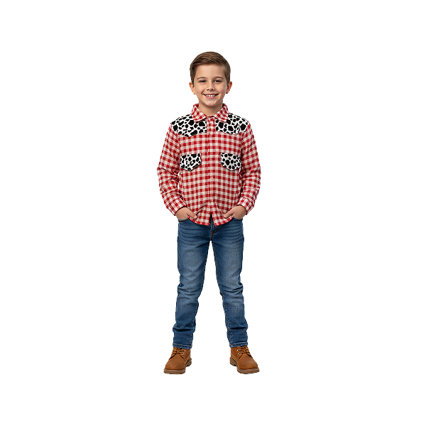 Camisa Junina Bambolê Popeline Xadrez Com Detalhe Vaquinha
