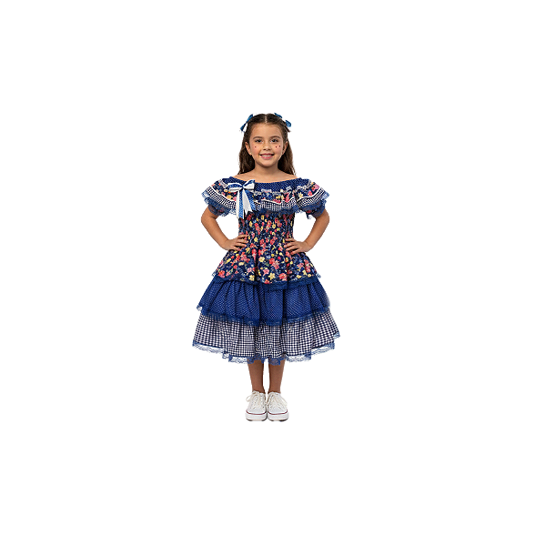 Vestido Junino Bambolê Ciganinha Floral Sem Calção Azul