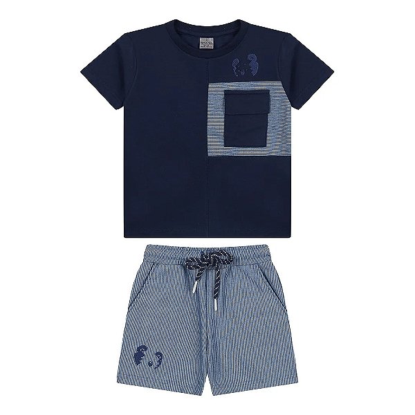 Conjunto Curto Tigor T Tigre Camiseta e Bermuda Piquet Azul