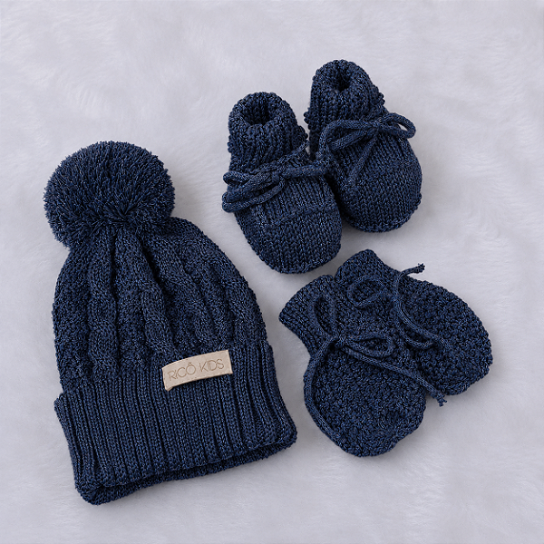 Kit Tricô Kids Gorro Luva e Sapato de Tricô Azul Mescla