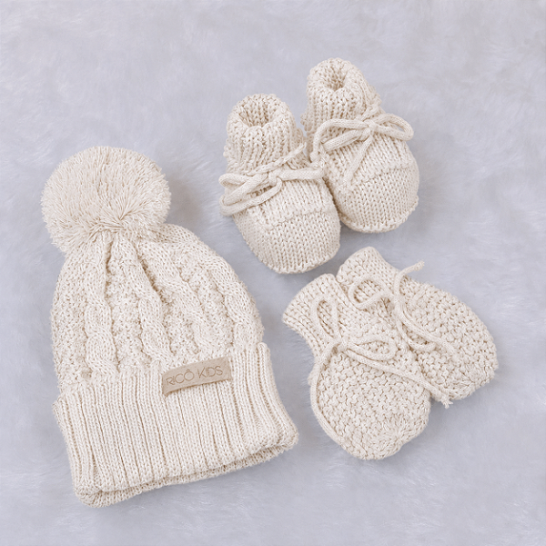 Kit Tricô Kids Gorro Luva e Sapato de Tricô Pérola Off White