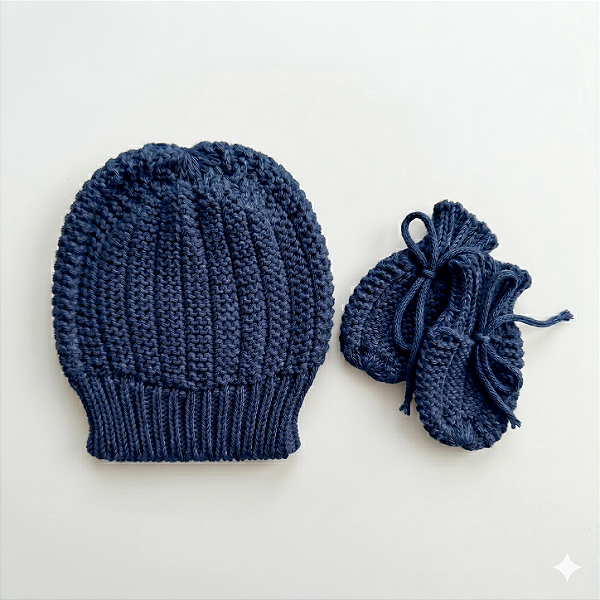 Kit Touca e Luva Tricô Kids Azul Mescla