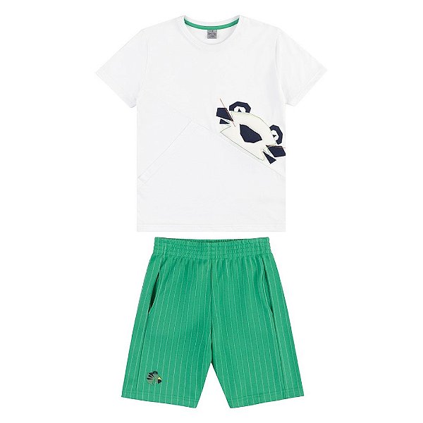 Conjunto Curto Tigor T Tigre Bermuda Risca Giz Branco Verde