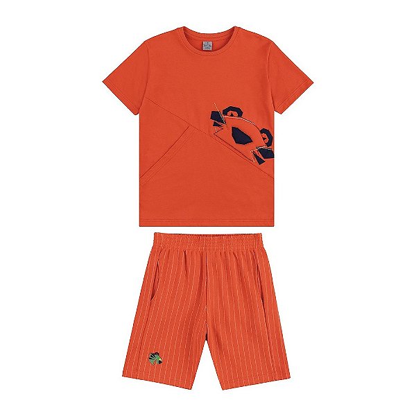 Conjunto Curto Tigor T Tigre Bermuda Risca Giz Laranja