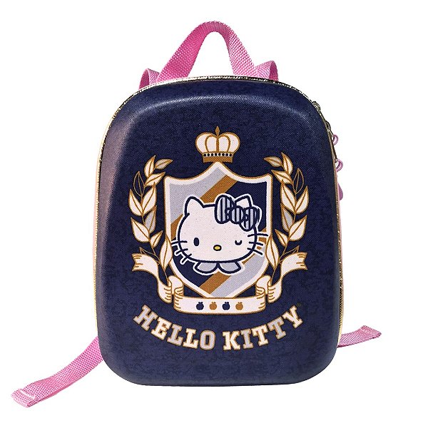 Mochila Pequena Maxtoy Hello Kitty Brasão Jeans Rosa