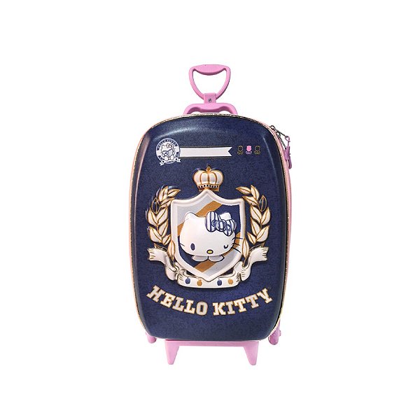 Mochila de Rodinhas 3D Maxtoy Hello Kitty Brasão Jeans Rosa
