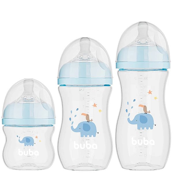Kit 3 Mamadeiras Buba Easy Flow Elefante 120-270-330ML Azul