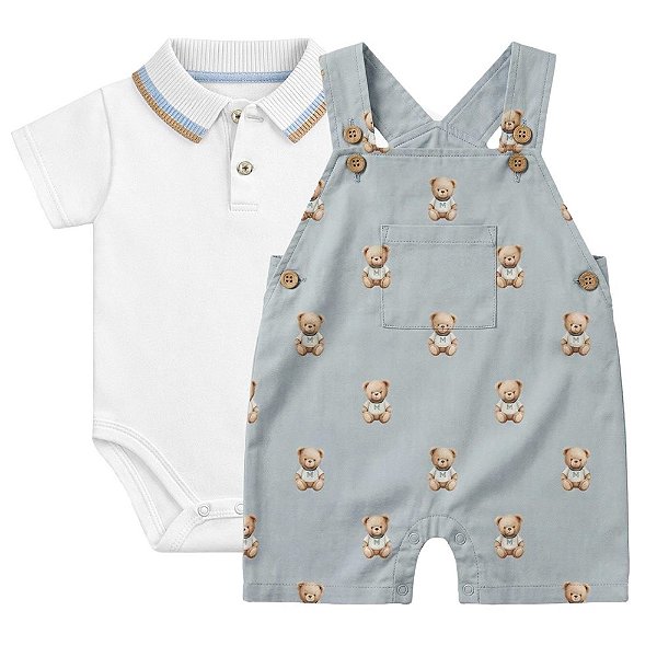 Conjunto Body e Jardineira Milon Urso Bear Branco e Azul