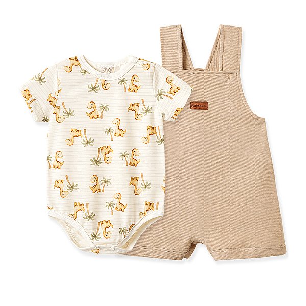 Conjunto Body Pingo Lelê Jardineira e Body Dino Bege