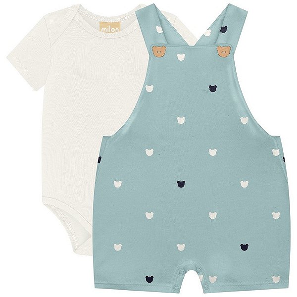 Conjunto Milon Body e Jardineira Ursos Off White e Verde
