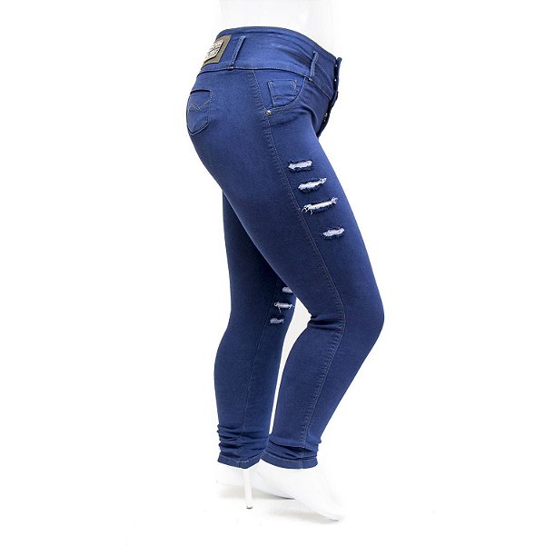 Calça Jeans Plus Size Rasgadinha Feminina Azul Helix
