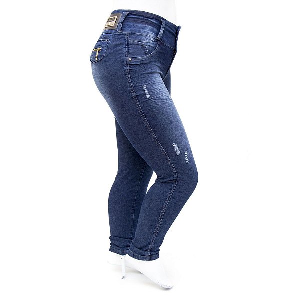 Calça Jeans Plus Size Rasgadinha Cintura Alta Hevox