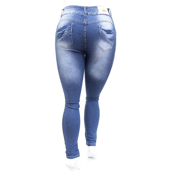 Calça Jeans Feminina Plus Size Azul Manchada Deerf