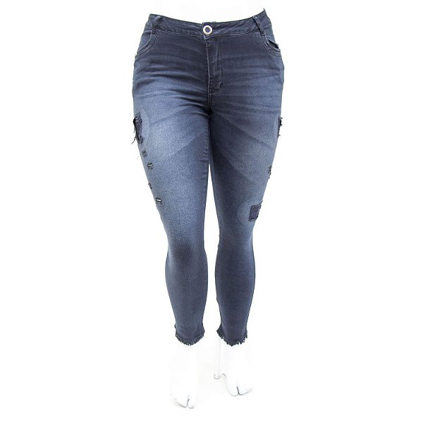 Calça Jeans Feminina Plus Size Rasgadinha Escura Cropped Darlook