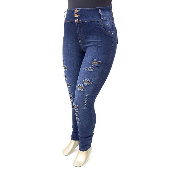 Calça Plus Size Jeans Feminina Rasgadinha com Elástico Thomix