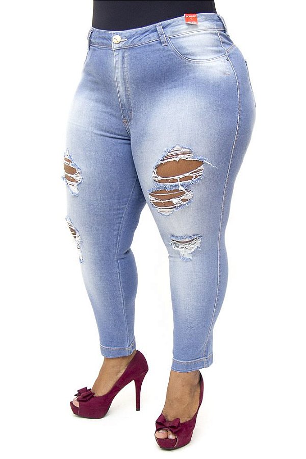 Calça Jeans Bokker Plus Size Skinny Rasgada Azul
