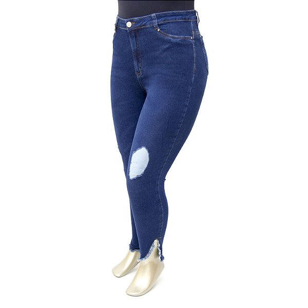Calça Plus Size Jeans Super Skinny Rasgadinha Cambos