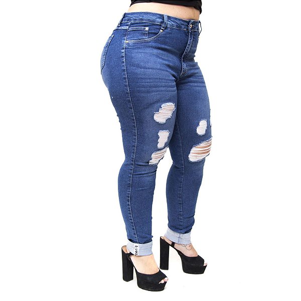Calça Jeans Cambos Plus Size Skinny Rasgada Sue Azul